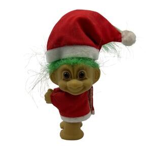 RUSS Vintage Troll Doll Green Hair Santa Claus Opening Clip Hands 4" Christmas